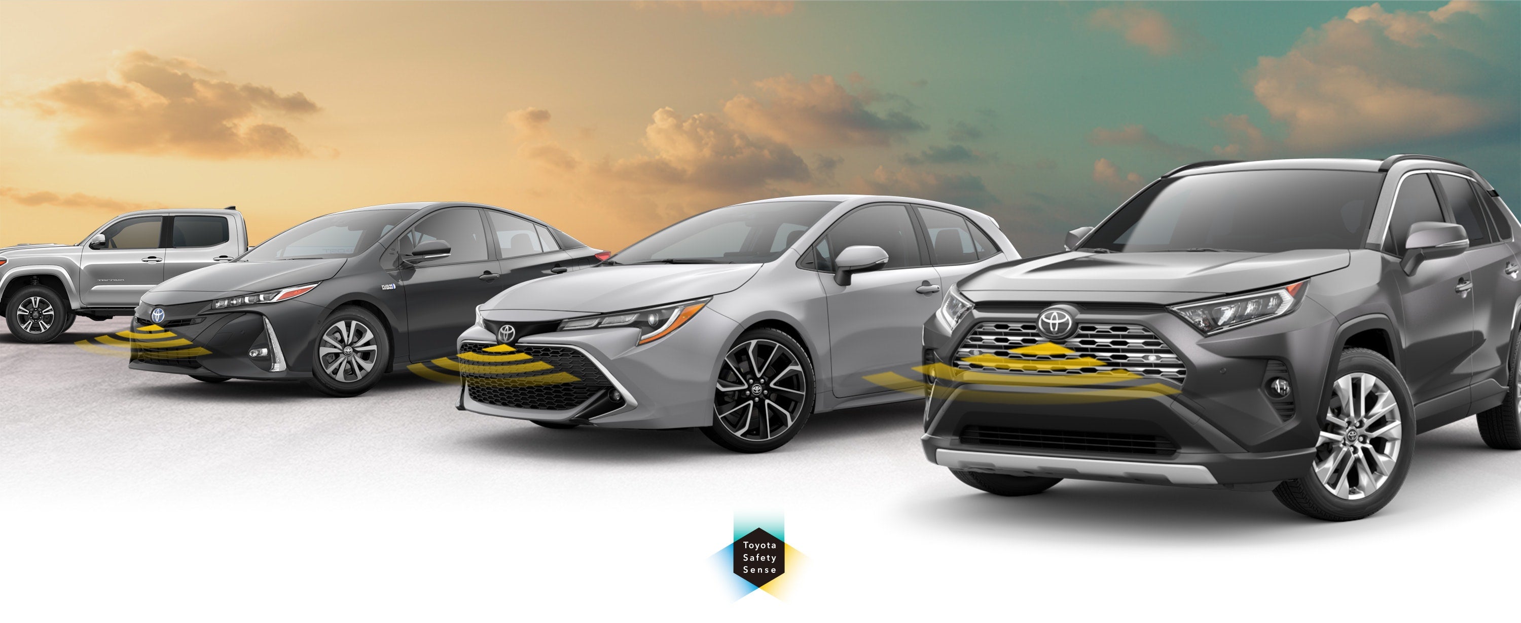 Toyota Safety Sense: Designed for Safety. Options shown on Toyota models including RAV4, Tacoma, and Camry, available now at Sloane Toyota of Glenside in Glenside PA.